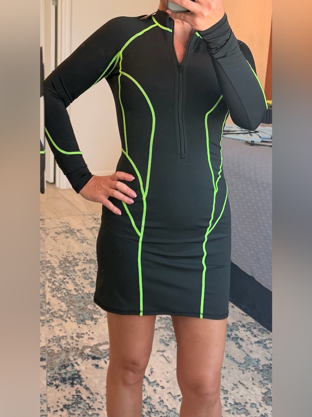 SKIMS Black Mini Dress with Neon Green Piping